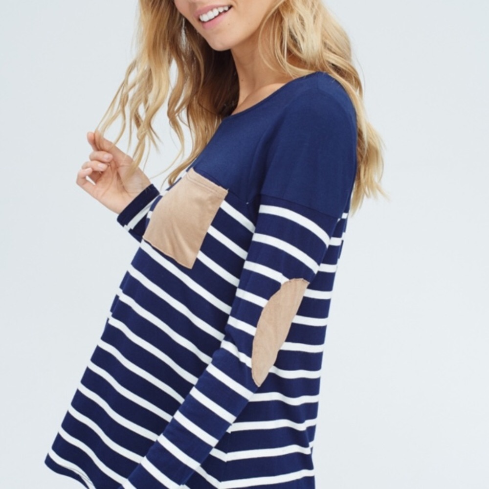 NEW Papermoon suede elbow patch stripe top shirt - Picture 3 of 4